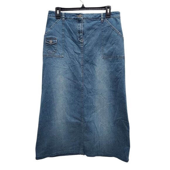 Ruff Hewn Women's Medium Wash Distressed Denim Maxi Long Pencil Jean Skirt Sz 10 - Picture 1 of 8